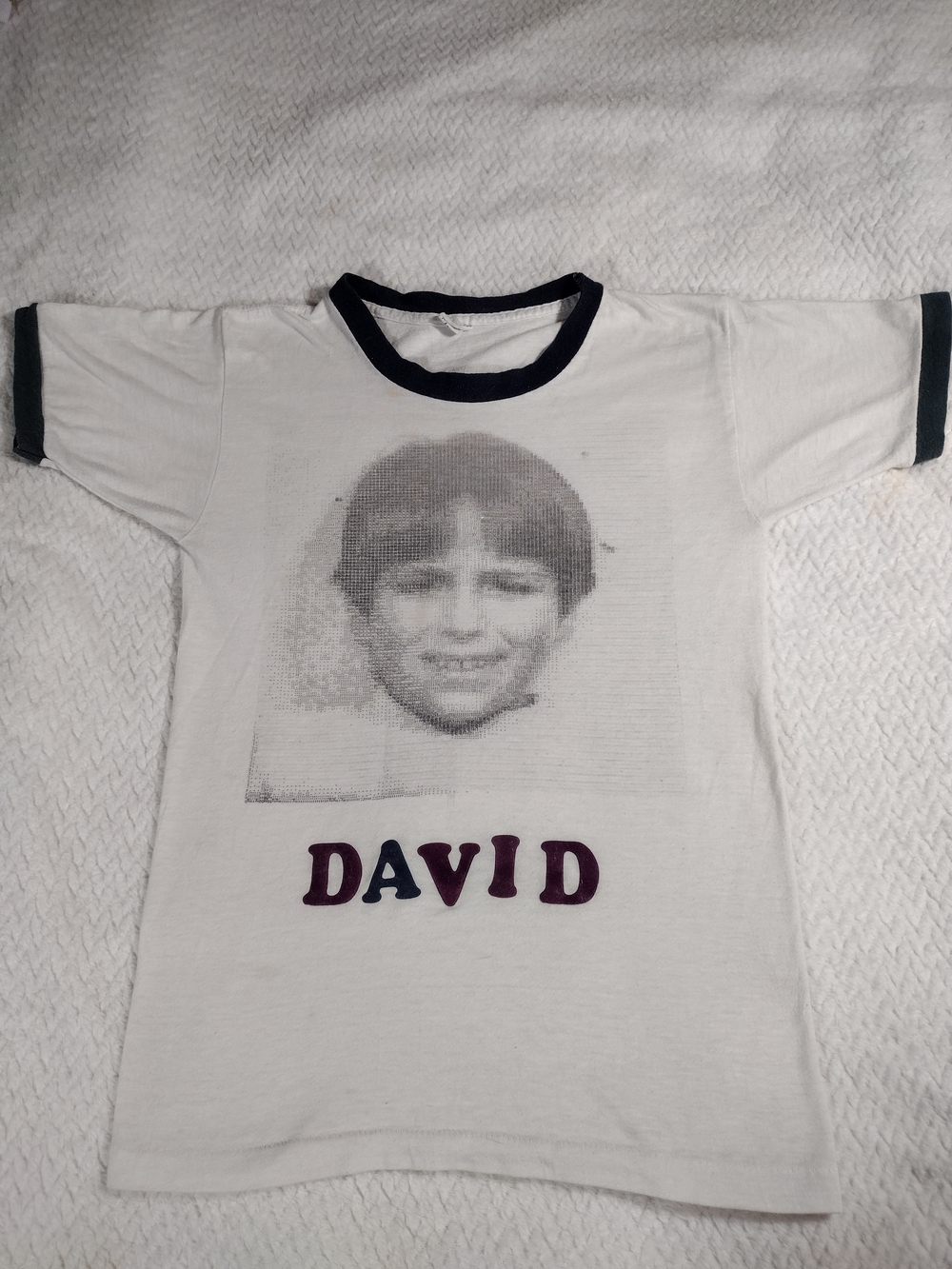 TRUE VINTAGE 1979/80 Kids White Ringer Tee with Navy Trim - DAVID Graphic